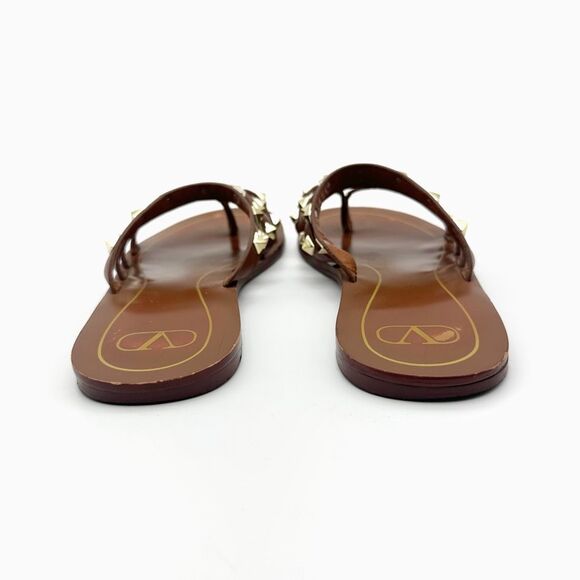 VALENTINO Rockstud Flair Cage Brown Leather Sandal Size 38 Flip Flop Studded - Picture 6 of 12